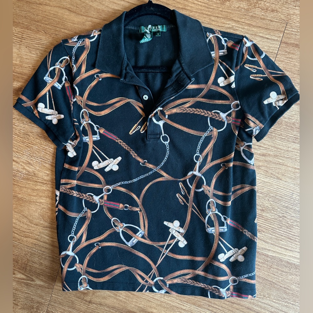 Vintage Ralph Lauren Women’s Equestrian Print Polo Shirt (Black)